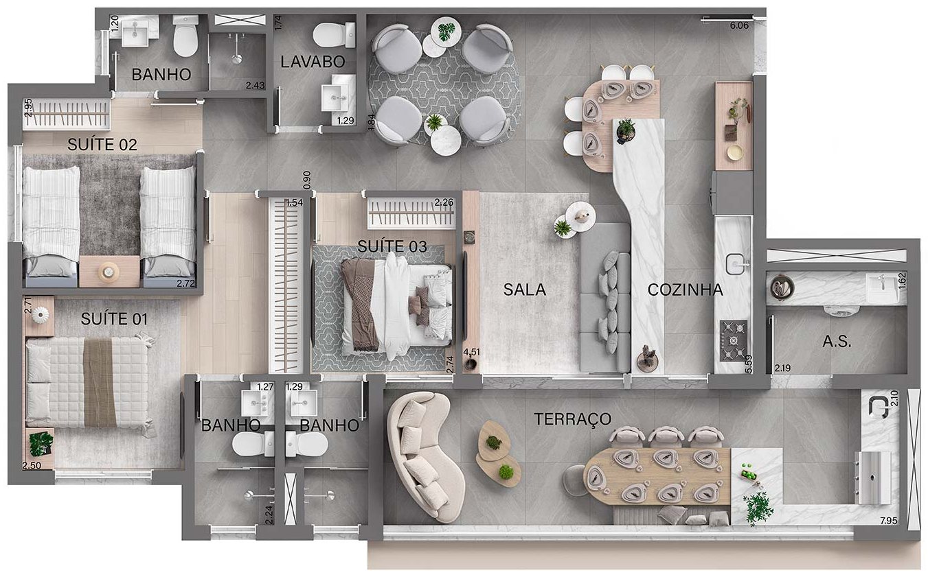 Planta tipo de 103 m² com 3 suítes